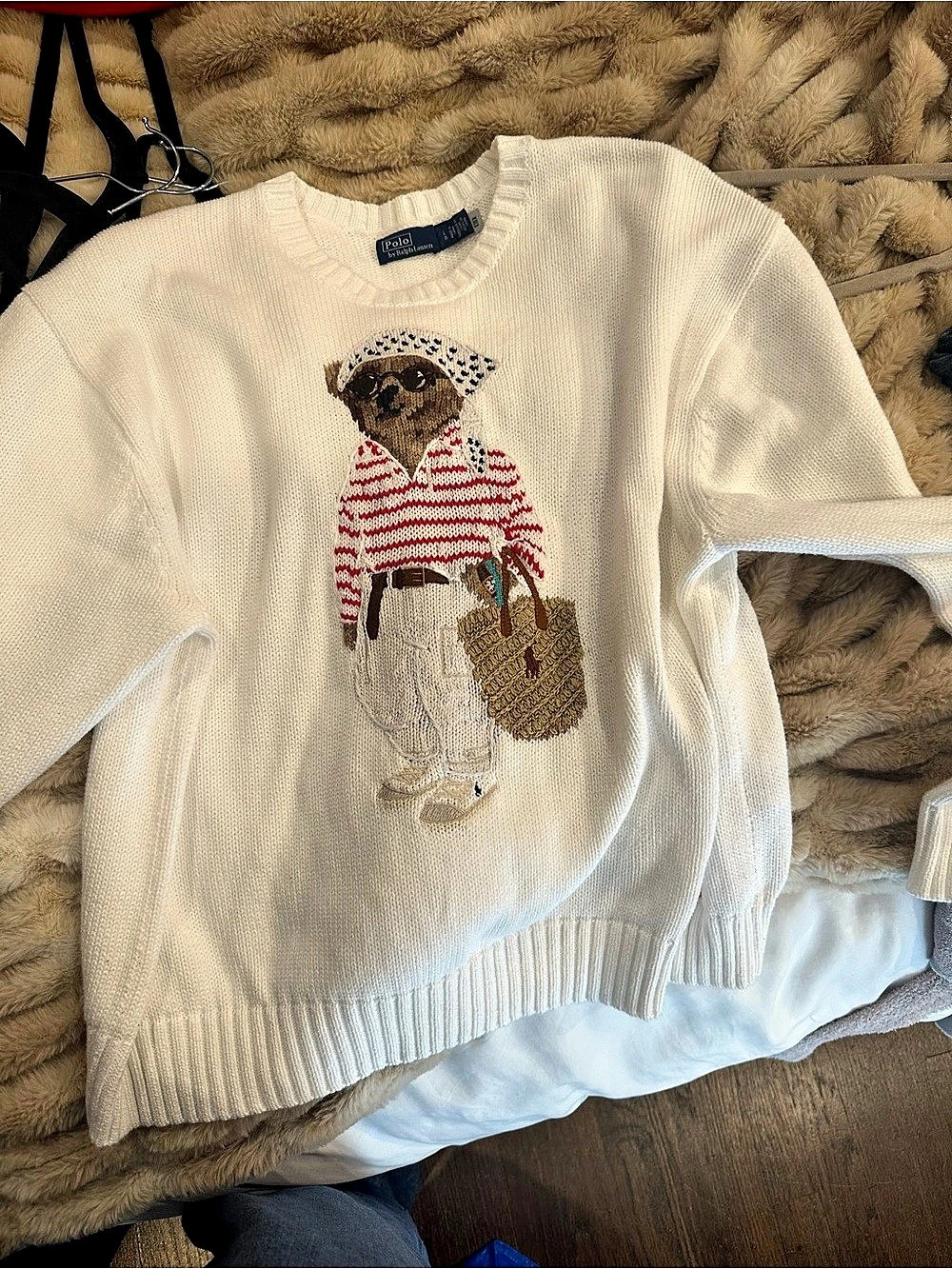 Polo Ralph Lauren Polo Bear Embroidered Linen & Cotton Crewneck Sweater White &